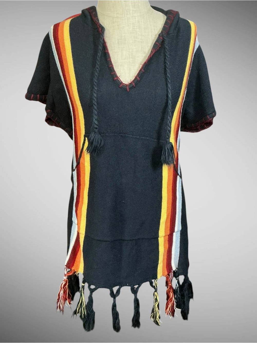 Judith March Hooded Poncho Cover Up Tassel Fringe Boho Large